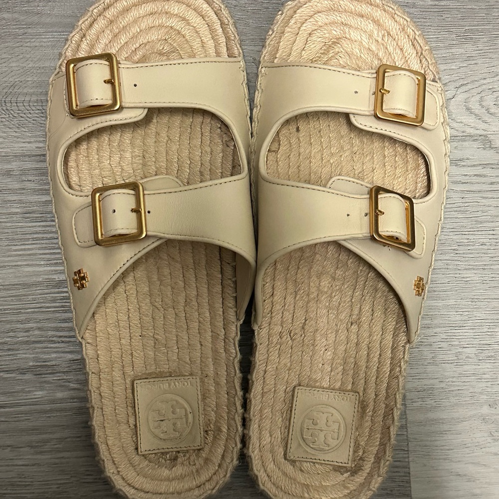Tory Burch Cream Sandals with Gold Buckles